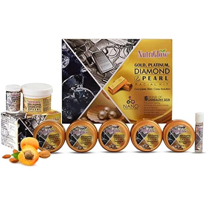 NUTRIGLOW GOLD PLATINUM DIAMOND & PEARL FACIAL KIT (250GM+10ML) & BLEACH (43 GM) COMPLETE SKIN CARE, ALL SKIN TYPES (PACK OF 2) - Image 1